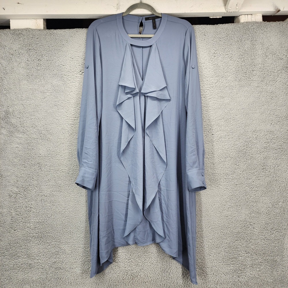 BCBGMAXAZRIA Blue Ruffle Front Keyhole Sharkbite Hem Tunic Dress Womens Medium